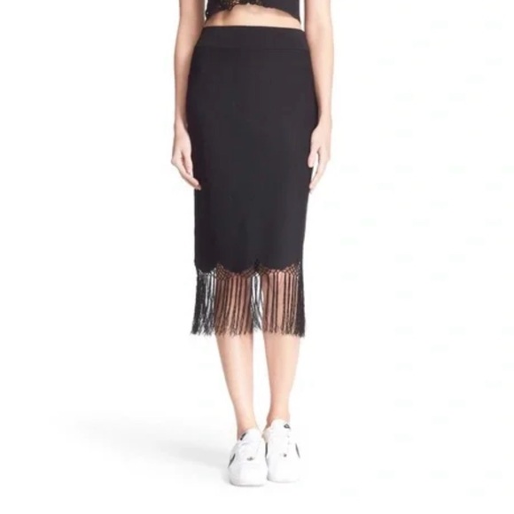A.L.C Scalloped Black Fringe Hem Pencil Bodycon High Waisted Tassel Skirt - Picture 12 of 13